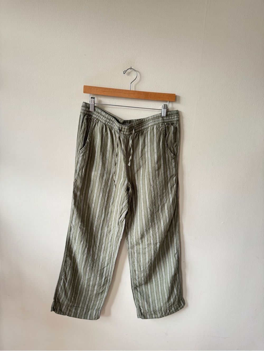LL Bean Wide-Leg Striped Linen Pants in Olive - Picture 5 of 8